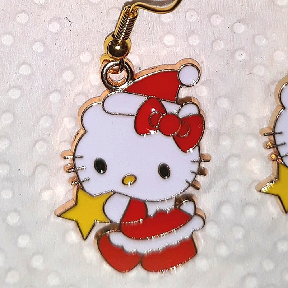 Hello Kitty Gold Star Earrings.Red Whte Gold Enamel stainless Ear wires NEW